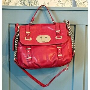 Badgley Mischka Purse Fuchsia Leather Chain Shoulder Turn-Lock Handbag Pink